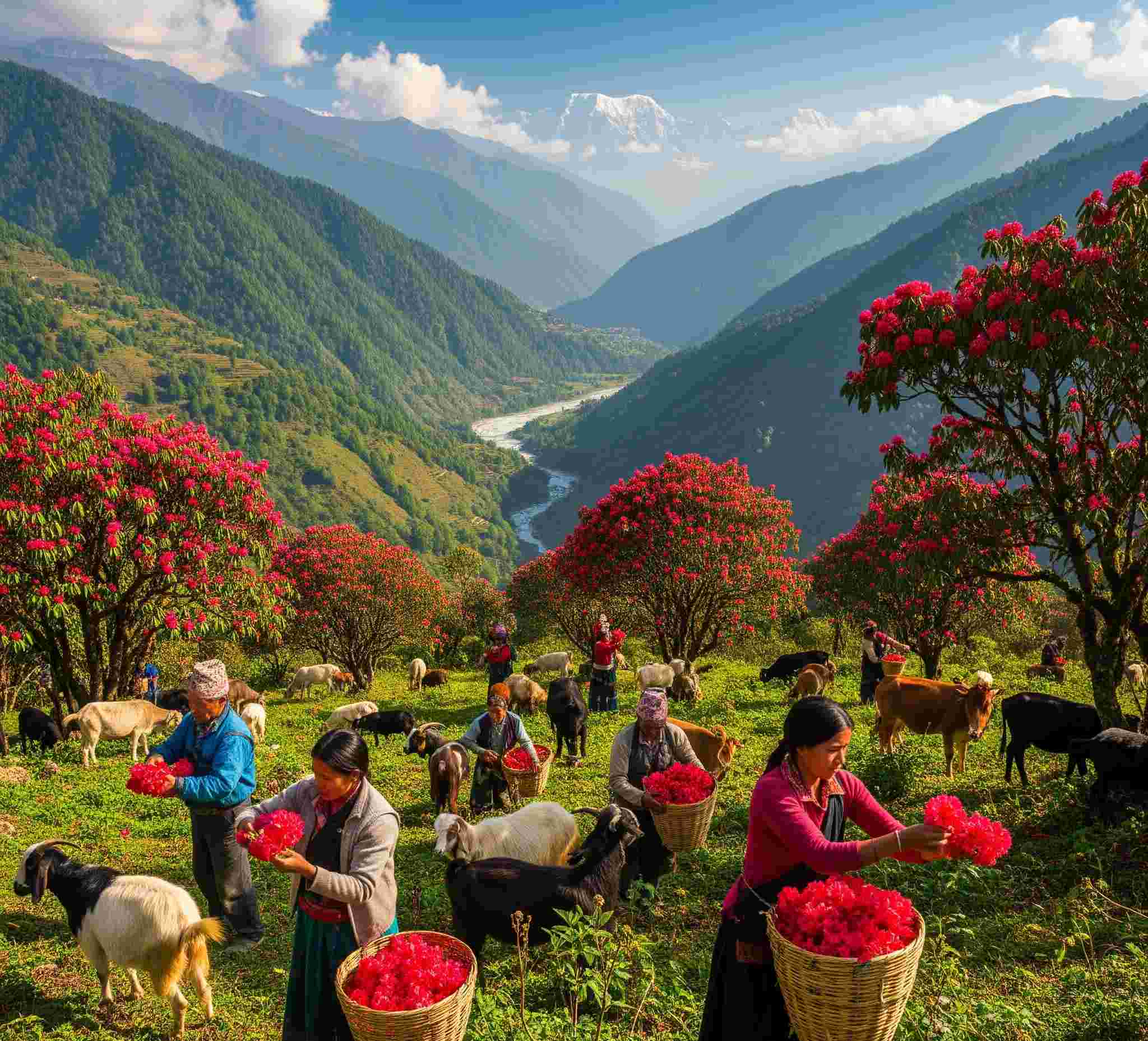 A photo of people picking bright red buransh flowers in a Himalayan valley, with goats and sheep nearby and snow-capped mountains in the background.