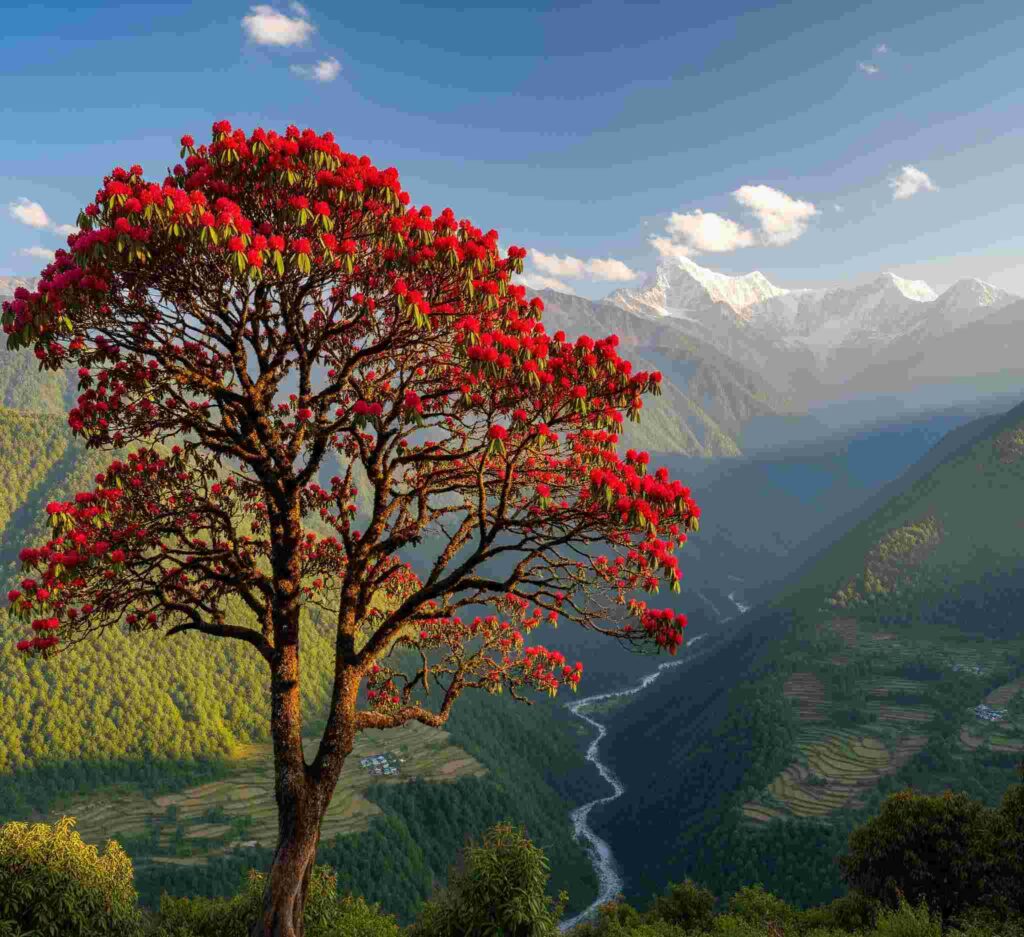 A vibrant red buransh tree in full bloom stands in the foreground, overlooking a lush green valley with a river winding through it and snow-capped Himalayan mountains in the background.