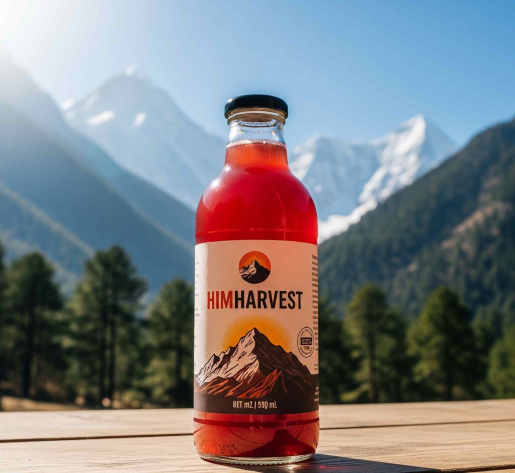 A bottle of HimHarvest buransh juice sits on a wooden surface with a sunny mountain range and pine trees in the background.