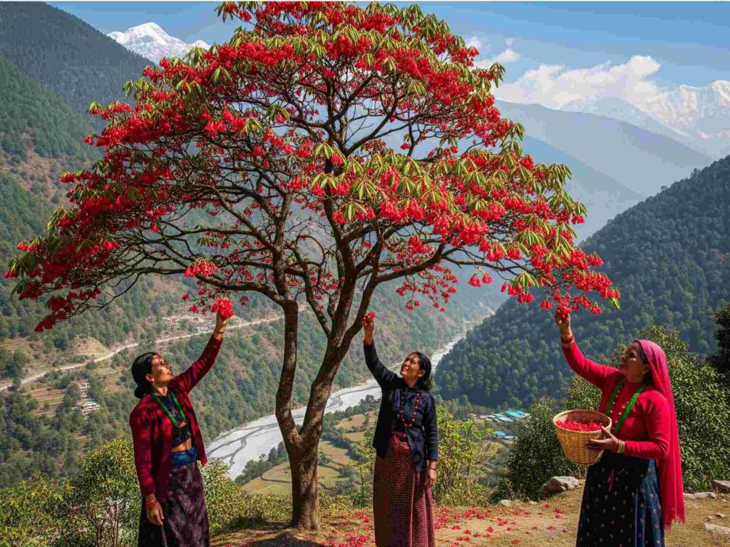 Women in a mountain valley picking red buransh flowers from a large tree.