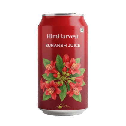 HimHarvest Premium Buransh Juice can – best natural Himalayan health drink made from pure rhododendron flowers, rich in antioxidants, supporting heart health and immunity.