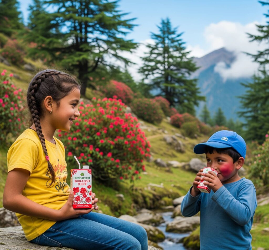 Two smiling children sitting in a Himalayan valley, drinking HimHarvest Buransh Juice surrounded by blooming rhododendron flowers and fresh mountain scenery.