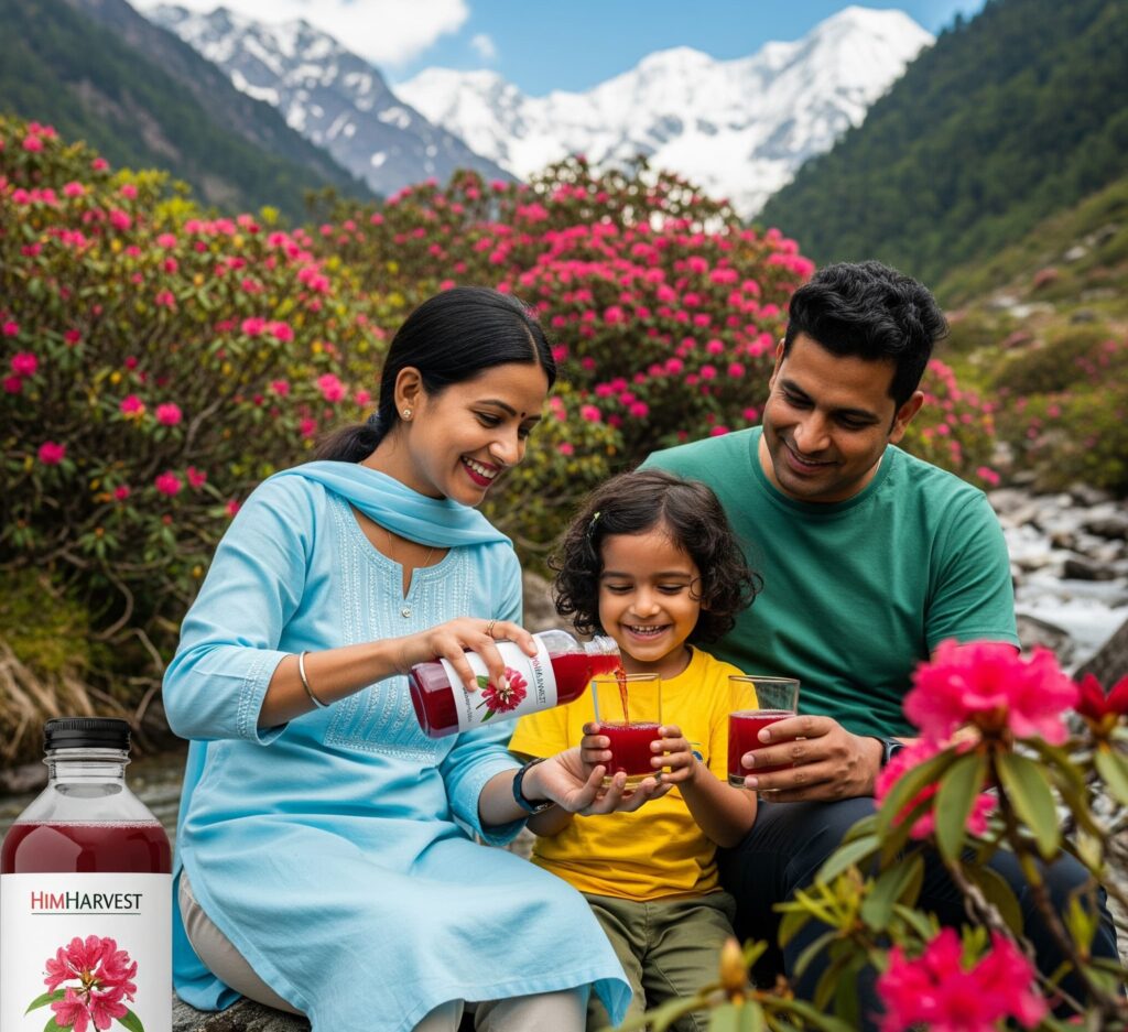 Happy family enjoying HimHarvest Buransh Juice in the Himalayas
